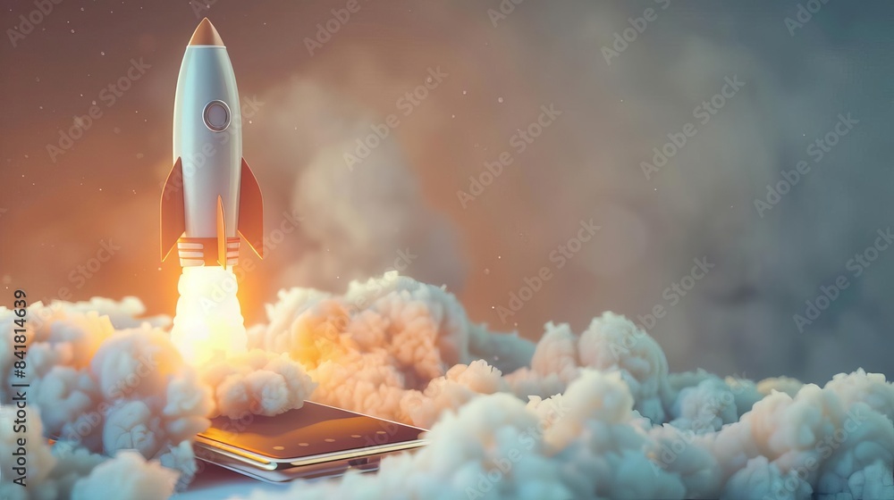 Poster mobile phone with rocket launch startup business success and growth concept creative idea accelerati