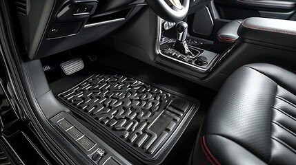 Black Leather Quilted Car Floor Mats Installed in a Modern Vehicle