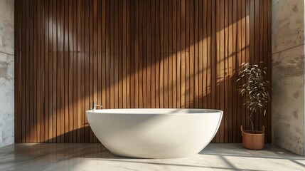 modern bathroom interior freestanding bathtub wooden wall blank mockup space 3d rendering