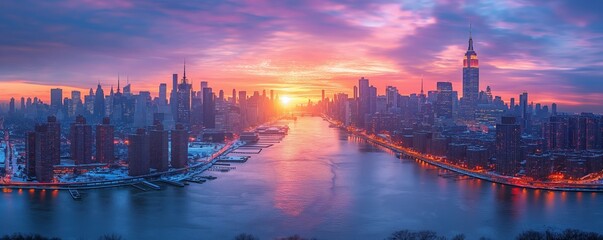 Sunset skyline over river in a cityscape