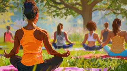 multicultural community united in outdoor yoga practice promoting wellness and connection in nature digital painting