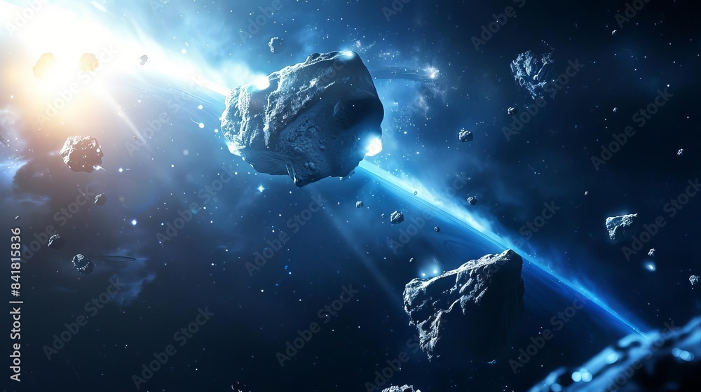 Poster mysterious asteroids floating in deep space potential earth collision concept digital illustration