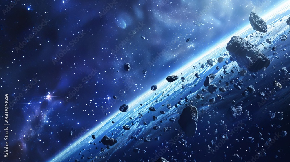 Poster mysterious asteroids floating in deep space potential earth collision concept digital illustration