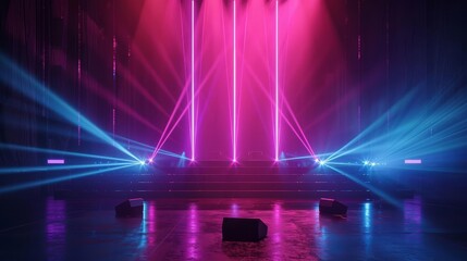 neon laser light show on empty dark stage futuristic scifi concert background
