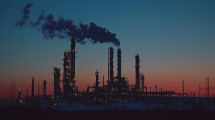 An oil refinery's silhouette illuminated by the last rays of the sun, set against a cold blue backdrop