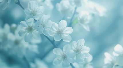 view of delicate white flowers, possibly cherry blossoms, in full bloom. They are attached to slender branches with a few green leaves. The flowers are illuminated by soft, diffused light