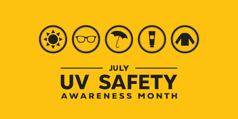 Uv Safety Awareness Month. Sun, glasses, umbrella and more. Great for cards, banners, posters, social media and more. Yellow background. 