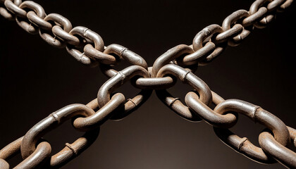 Close-up of two intersecting metallic chains in dark background, Connections, Strength, Security