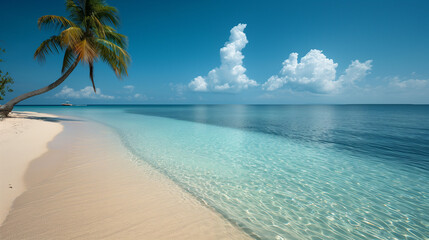 Fototapeta premium beach with a solitary palm tree on the left. The sandy shore stretches into the clear turquoise waters of the ocean, which appear calm and inviting