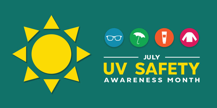 Uv Safety Awareness Month. Sun, glasses, umbrella, sunscreen and long sleeves. Great for cards, banners, posters, social media and more. Green background. 
