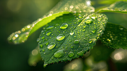view of a green leaf with multiple water droplets on it. The droplets vary in size, with the largest being prominently displayed in the foreground. The droplets reflect light, giving them a shiny look