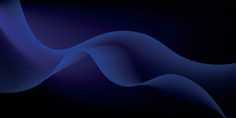 Dark blue abstract background with glowing waves. Shiny blue gradient flowing curve shape. Elegant wavy design elements. Modern graphics.