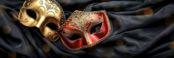 Gold and red venetian masks on black fabric
