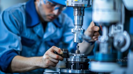 Close-up of an engineer in a factory setting calibrating a precision tool