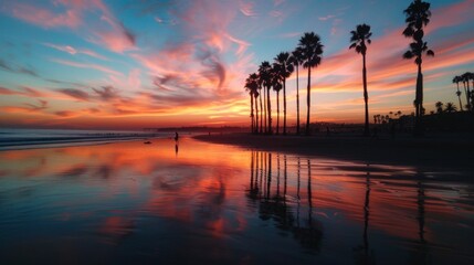 A peaceful sunset at the beach, with colorful skies reflecting on the tranquil waters and silhouettes of palm trees.