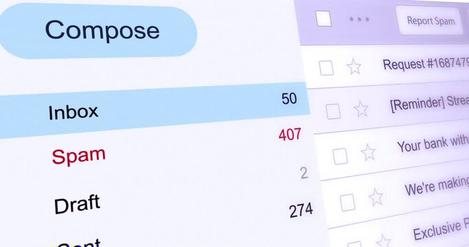 Incoming email counter, inbox and spam folders, online scam, phishing and malware mail, close-up view interface of mail account, footage