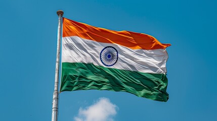The Indian flag waving in the wind against a bright blue sky