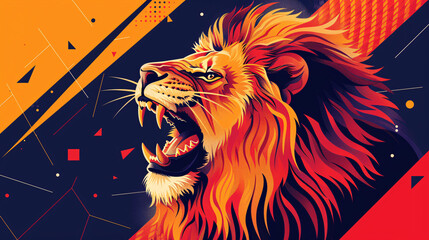 Majestic Roaring Lion in Flat Design with Colorful Geometric Background
