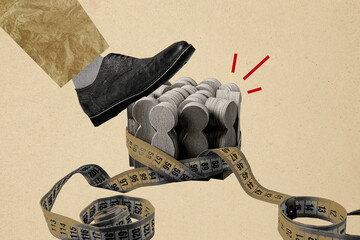 Composite photo collage of male leg wear trousers footwear step pile wooden figurine taped measure...