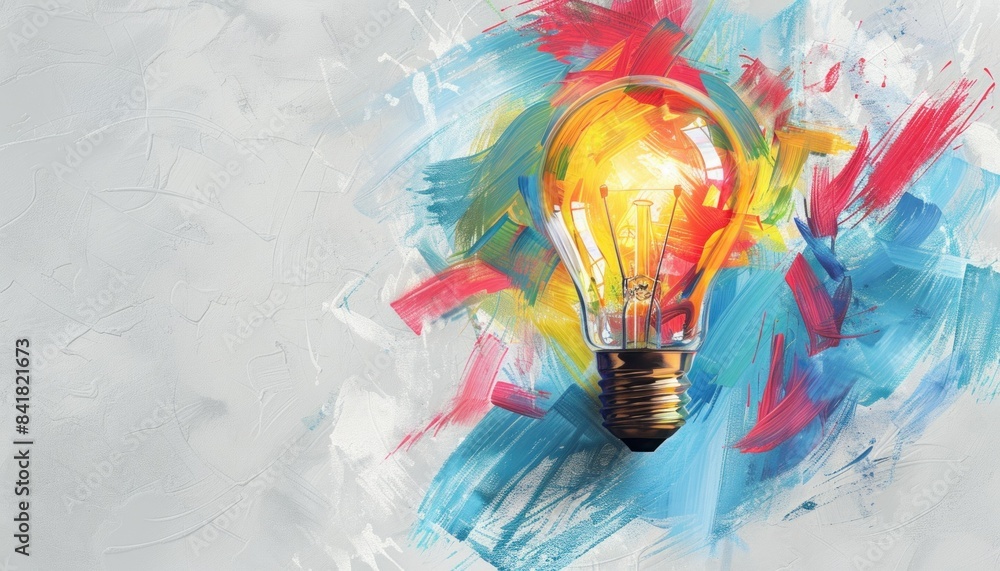Poster abstract representation of a luminous inspiration light bulb on white canvas with splashes of color 