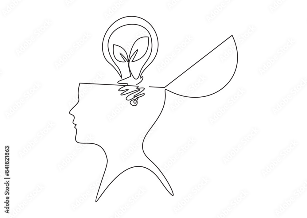 Poster continuous one line drawing of head person and light bulb with pant. concept banner for presentation