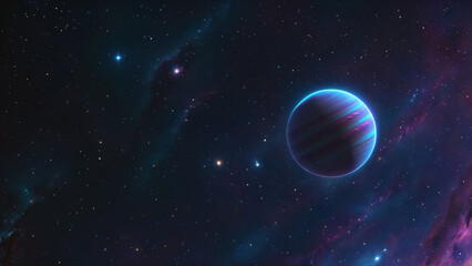 Lonely large gas giant planet in deep space on a beautiful starry background. Mysterious alien fantastic distant exoplanet in dark outer space. Universe scenery. Science fiction space wallpaper