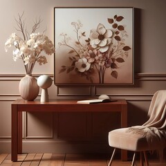 beautiful flowers in a brown vase on a classic table, simple contemporary style, Generative AI