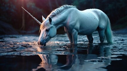 Naklejka premium A unicorn drinking from a crystal-clear stream. Wallpaper 