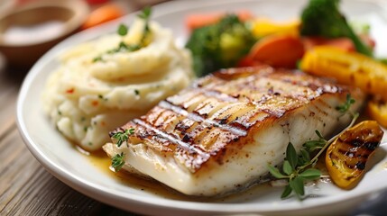 A plate of grilled fish fillets served with a side of creamy mashed potatoes and steamed vegetables.