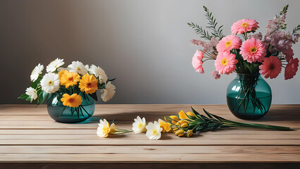 beautiful flowers in a brown vase on a classic table, simple contemporary style, Generative AI