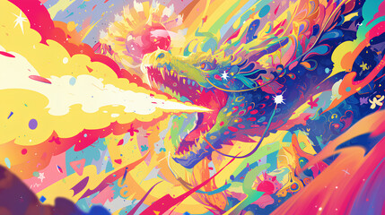 the dragon spews rainbow-colored flames