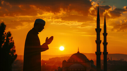 Obraz premium Silhouette of a man praying in the mosque