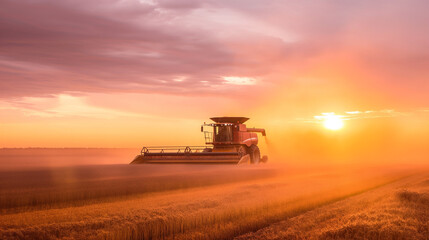 Fototapeta premium Combine Harvester Working on Soybean Field During Sunset, Agricultural Machinery in Action
