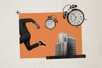 Composite photo collage of man run alarm clock deadline punctuality late office building business...