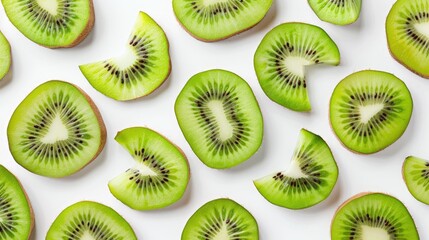 Fototapeta premium Kiwi fruit slices viewed from above on a white background