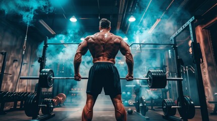 A muscular man lifts heavy weights in a modern gym with blue smoke filling the air. He stands with his back to the camera, showcasing his defined physique.