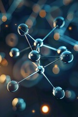 Gleaming molecular model against a deep blue, bokeh-filled background