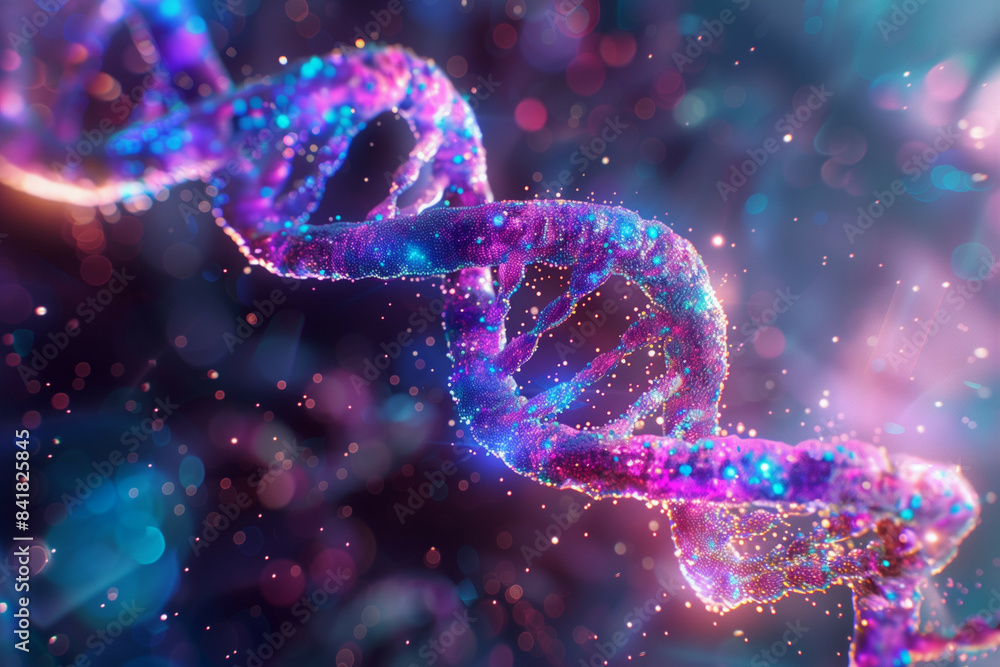 Poster a highly detailed close-up view of a dna double helix in vibrant neon colors, shimmering with a mult