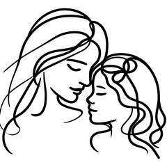 mother and daughter,  line-art, one line drawing, colorful