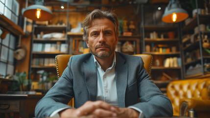 Fototapeta premium The businessman sit at a table, hands clasped together, dressed in a suit and tie, for discussions on business meetings, legal consultations, or high-end service environments for busine, Generative AI