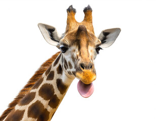 Obraz premium Giraffenkopf mit zunge isoliert auf weißen Hintergrund, Freisteller 