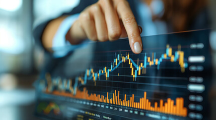Investment consultant pointing at a growing financial graph with icons of profitability, Generative AI
