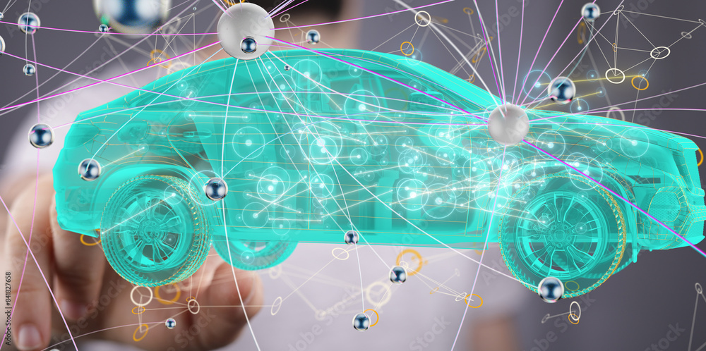 Poster autonomous car with hud graphic of navigation system driving
