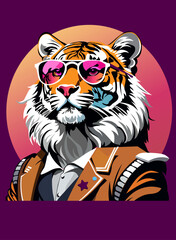 Tiger in the costume with sunglasses on the purple background