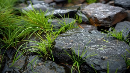 Grass naturally sprouts among rocks at the arrival of the initial rainfall in the season