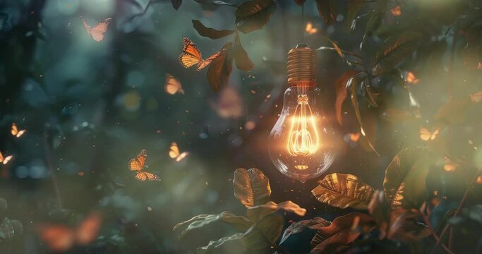 A light bulb hanging from leaves, glowing butterflies flying around it, dark background, cinematic lighting, beautiful.