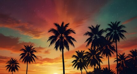 Fototapeta premium 3d illustration silhouette of palm trees on a colorful, star filled sky background with the sun