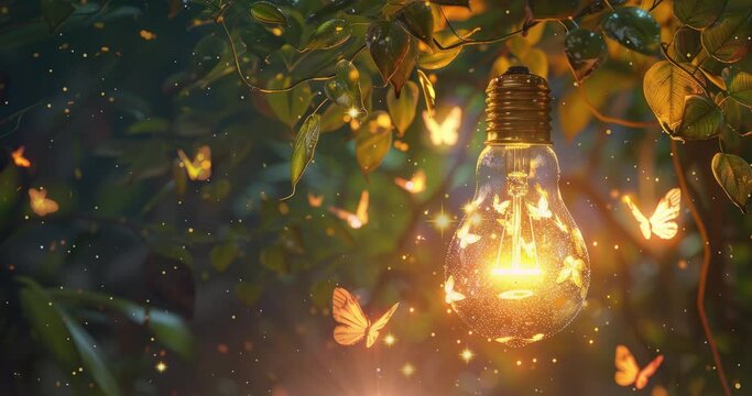 A light bulb hanging from leaves, glowing butterflies flying around it, dark background, cinematic lighting, beautiful.