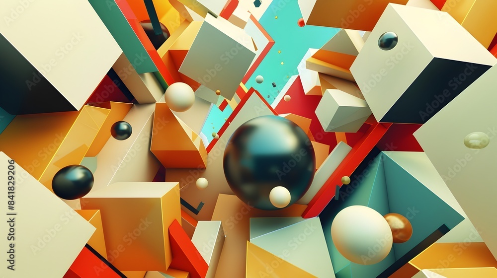 Poster vibrant geometric shapes in abstract 3d composition with striking color contrast and spatial depth