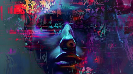 Vibrant Futuristic Digital Art with Glitching Neon Patterns and Surreal Cosmic Elements